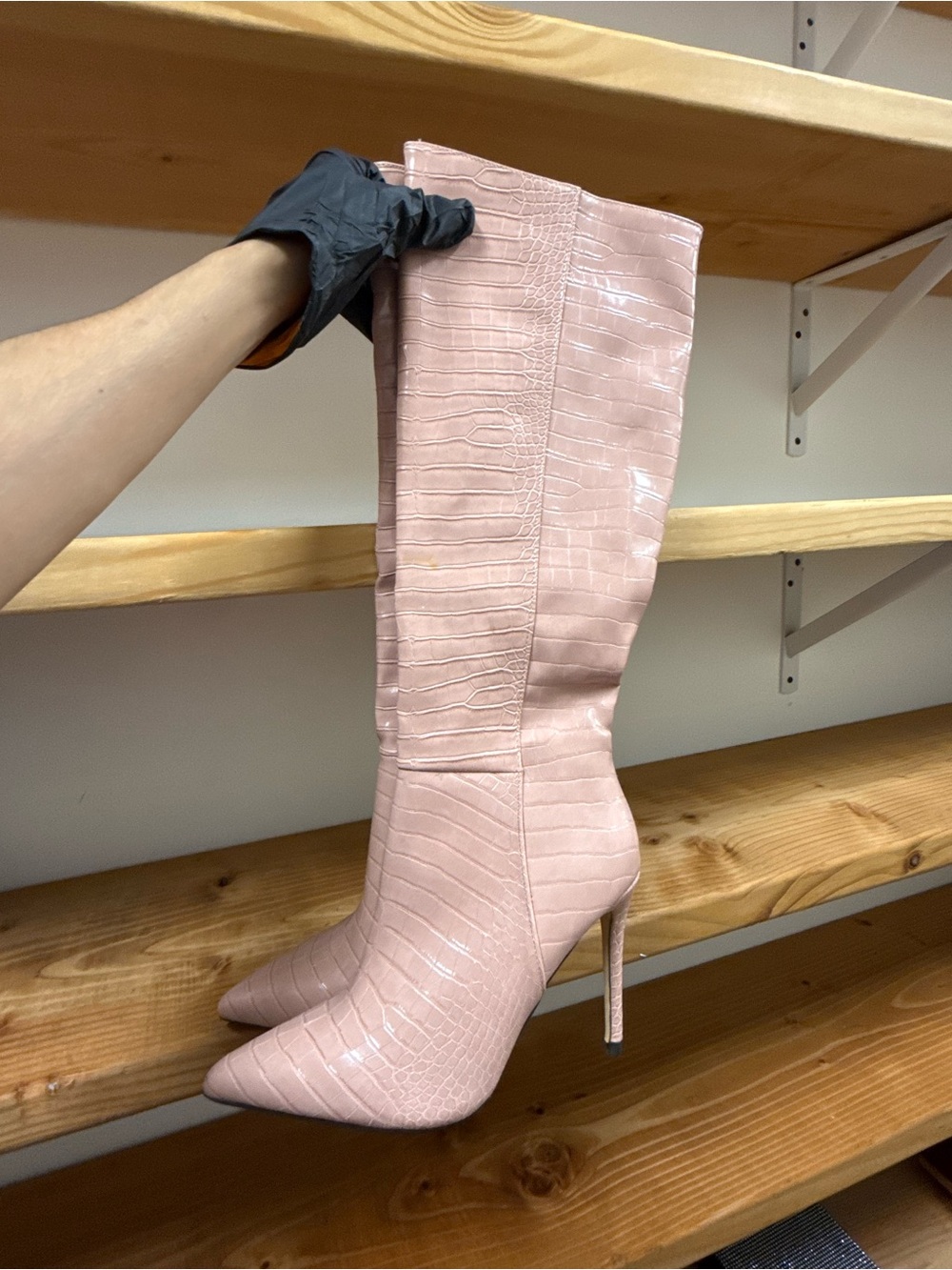 Women's Knee-High Pointed Toe Stiletto Boots in Blush Pink